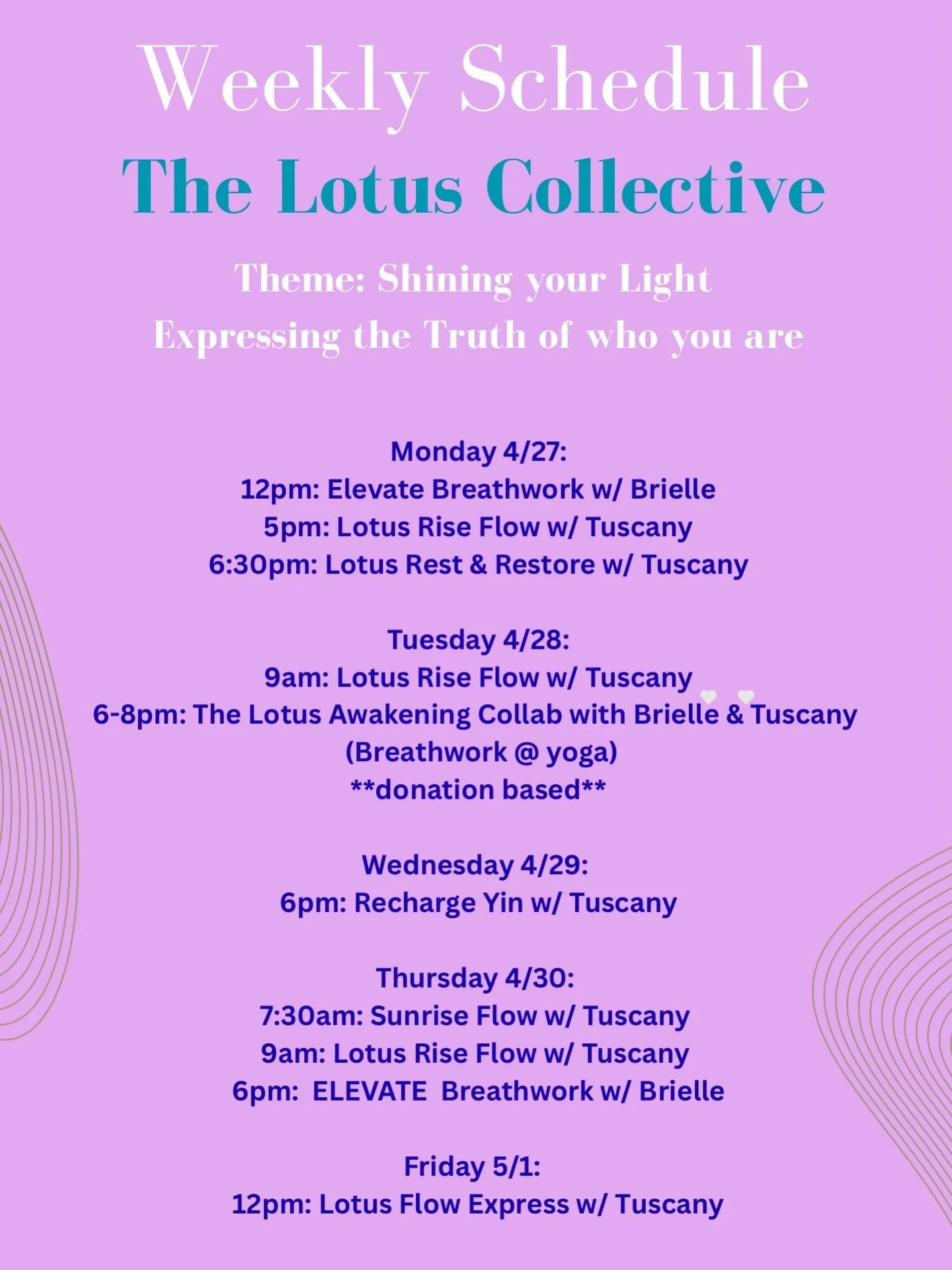 Happy Sunday Lotus Fam!!🪷✨ Here&rsquo;s this week&rsquo;s schedule! 

We are so so excited to have our donation based collab on Tuesday. Please pre-sign up to fill out the waiver but the code will automatically apply when you sign up:) We can&rsquo;