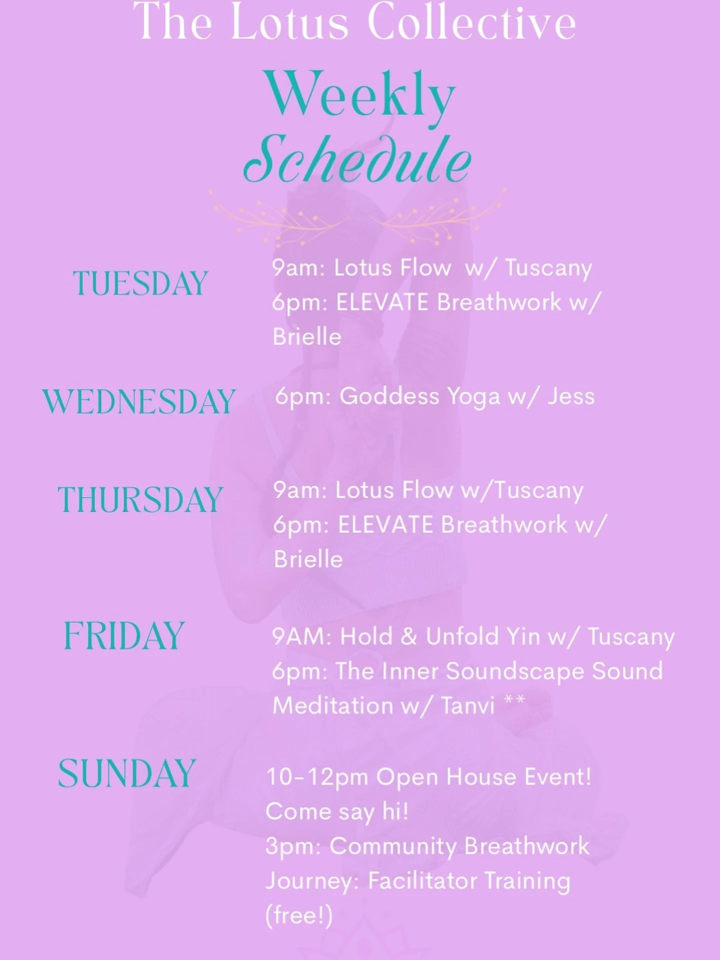Happy Sunday Lotus Fam! 🌸🪷 so excited for this upcoming week of offerings. It&rsquo;s a week really focused on community and bringing other healers into the space. We are excited to have @heartfelt.embodiment teaching goddess yoga, @tanvi9014 havin