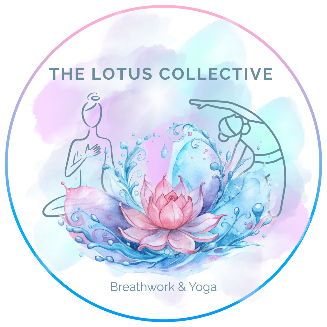 Watercolor illustration of a pink lotus flower with water splashes, a stylized figure with a halo and a hand pointing, and text reading 'The Lotus Collection' and 'Work & Yoga'.