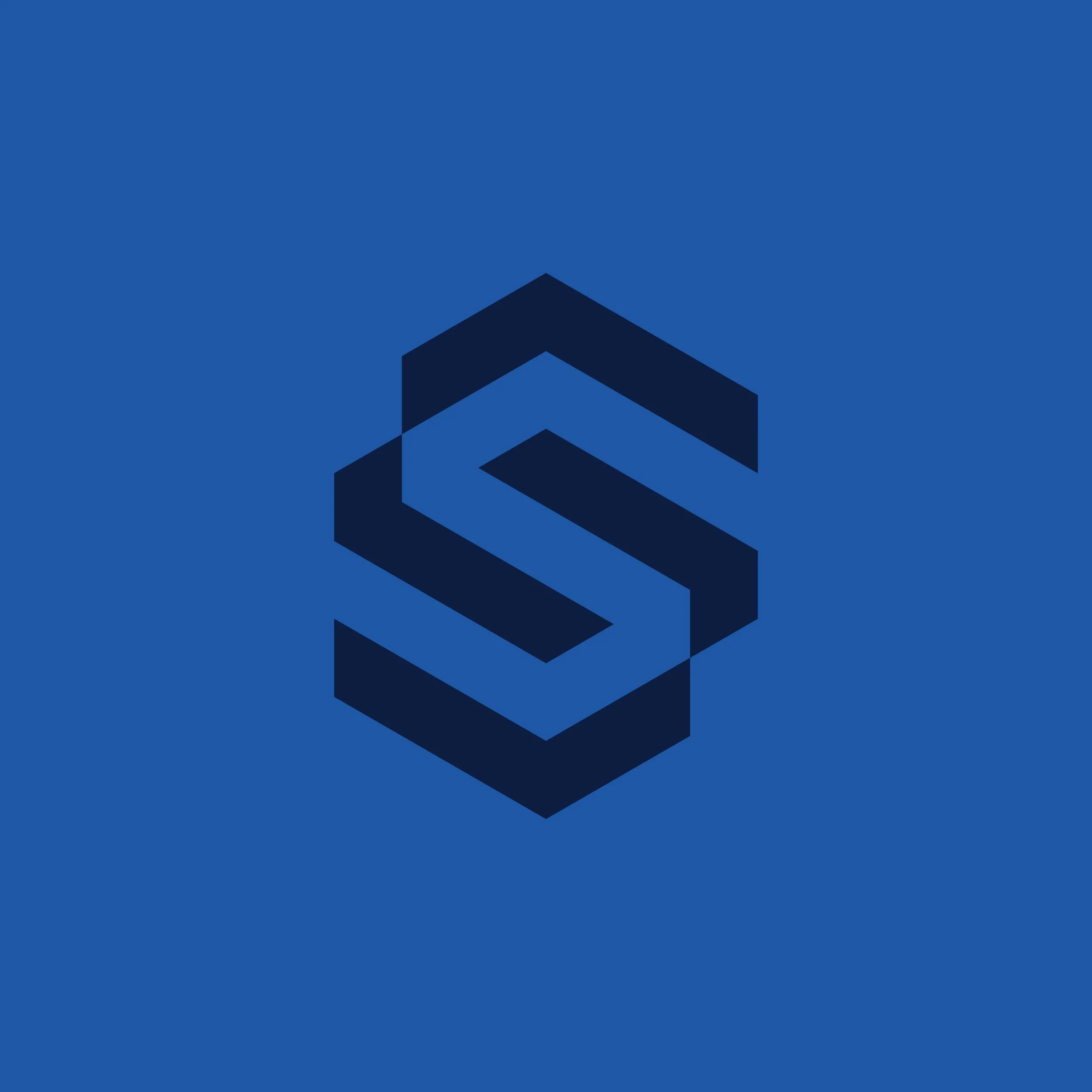 Blue background with a dark blue geometric logo in the center.
