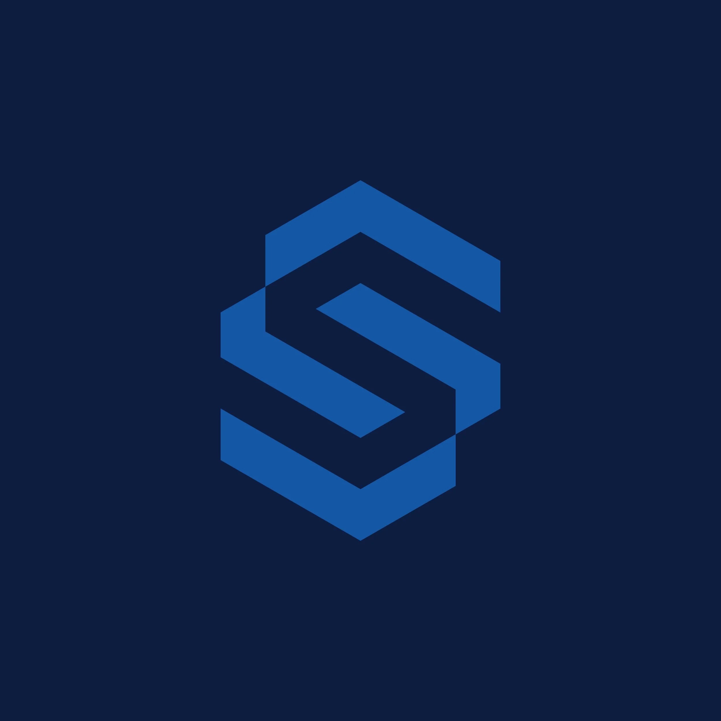 Abstract blue geometric logo on dark blue background.