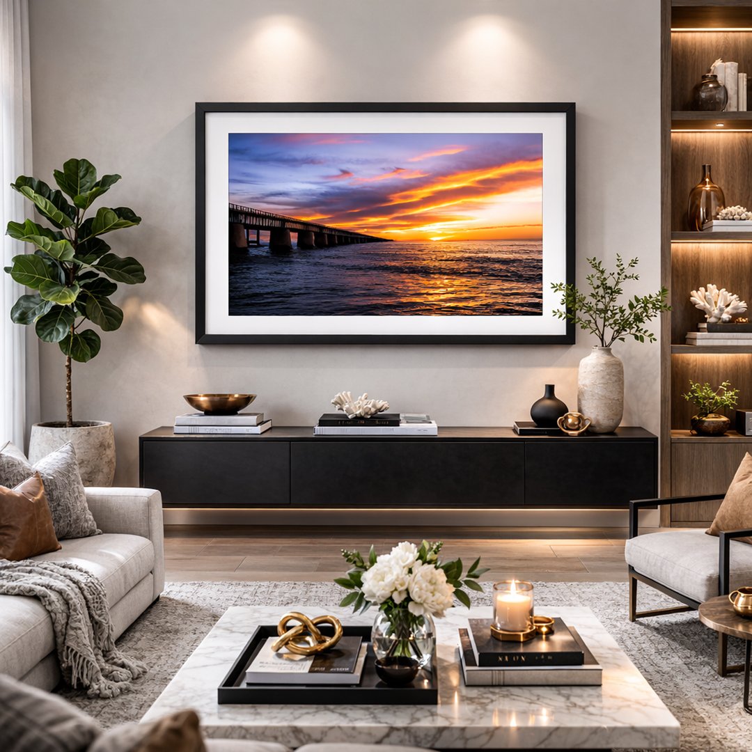 Framed Seven Mile Bridge sunset print displayed in a luxury coastal living room.