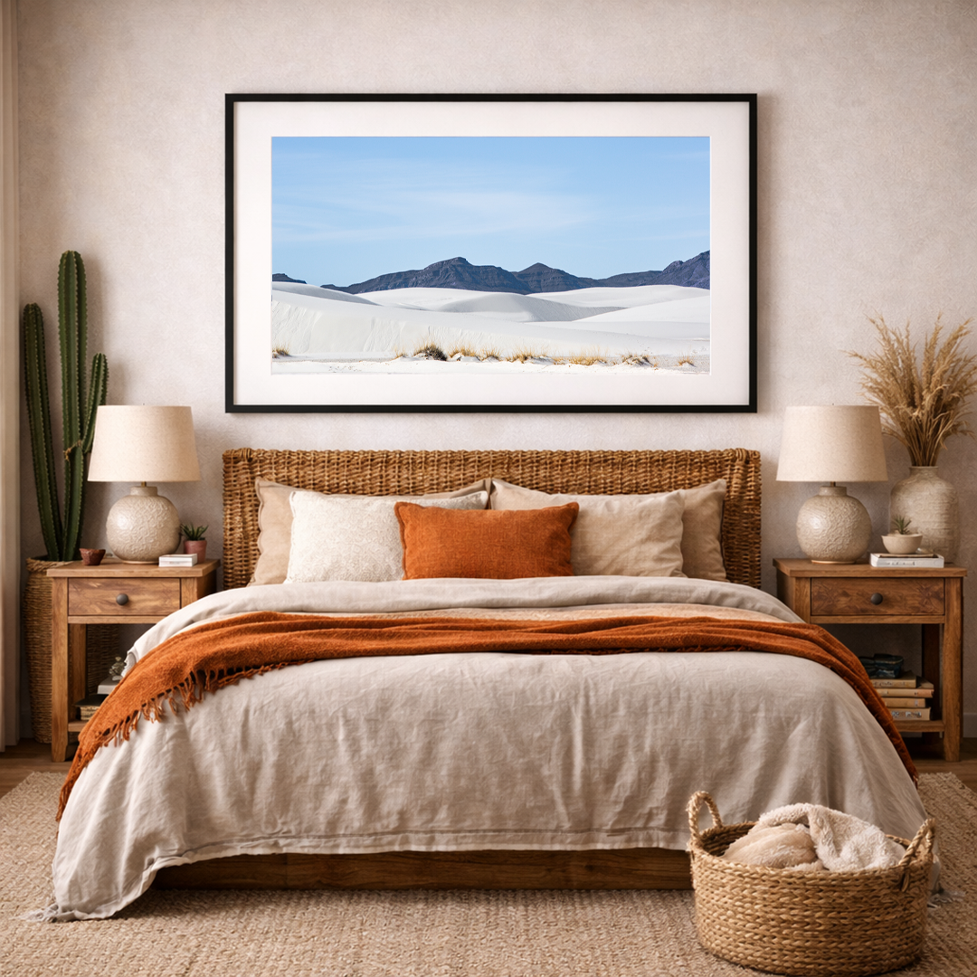 White Sands dunes fine art print displayed in a clean, modern bedroom interior.