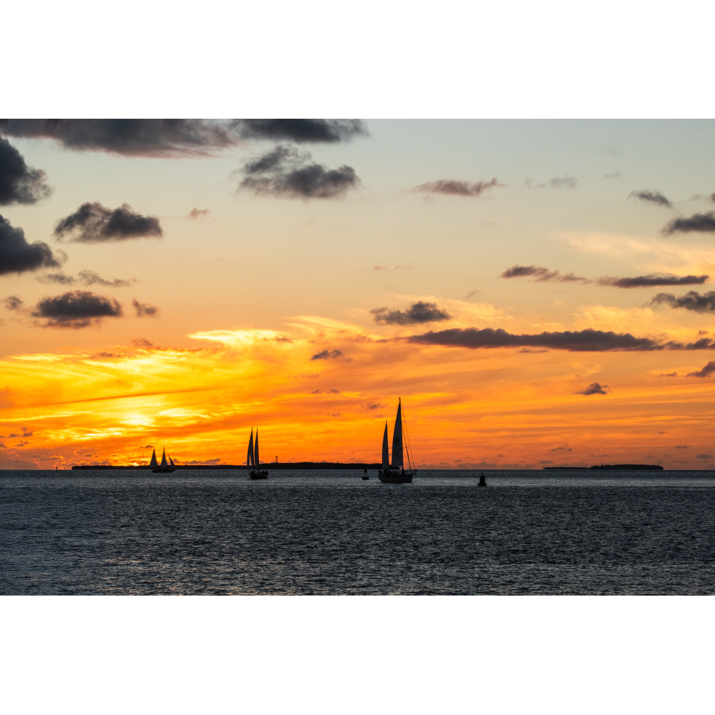 Sailboats silhouetted against a glowing sunset in Key West, Florida.