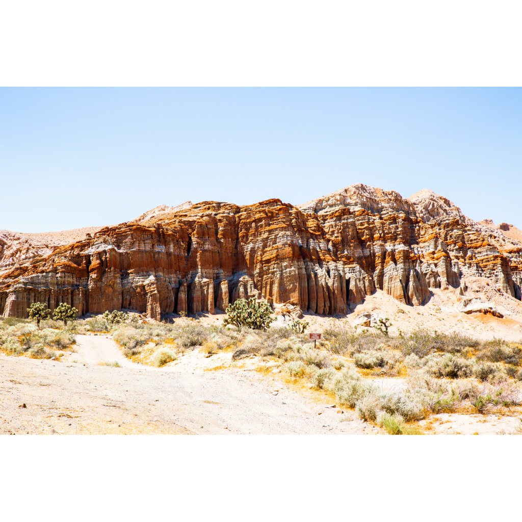 Sunlit red rock cliff formation rising above desert vegetation in a rugged American Southwest landscape.