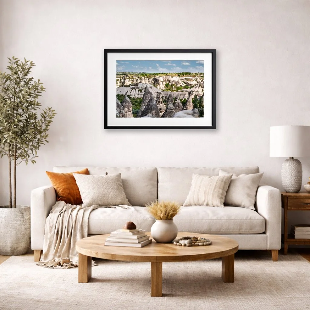Cappadocia fairy chimneys wall art displayed above sofa in neutral living room mockup