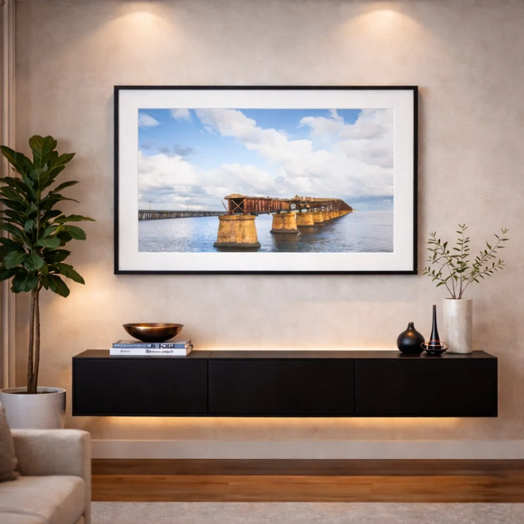 Framed Old Bahia Honda Rail Bridge print displayed in a luxury coastal home.