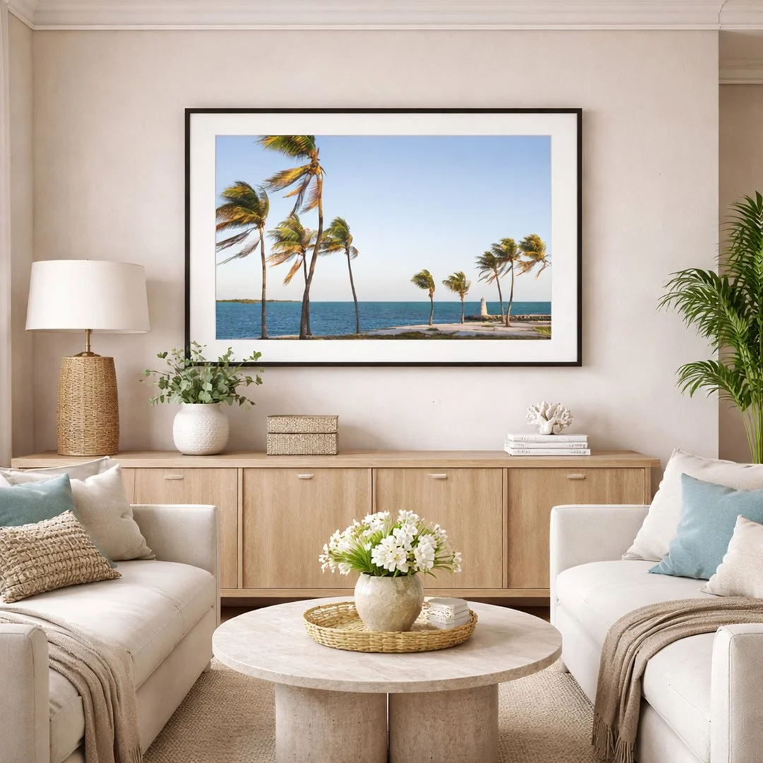 Framed Marathon Key shoreline print styled in a coastal living room.