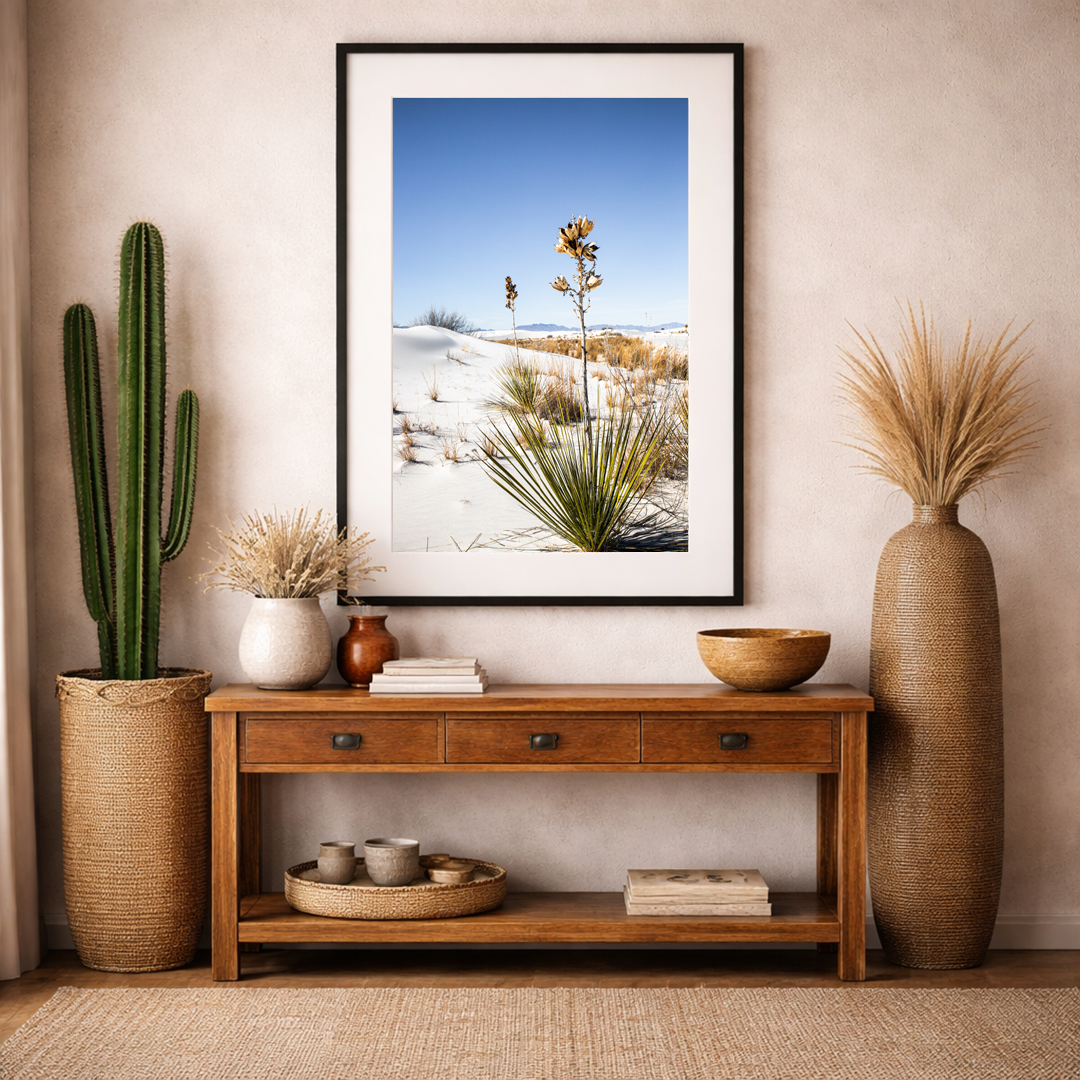 White Sands yucca plant fine art print displayed in a bright, minimalist living room interior.