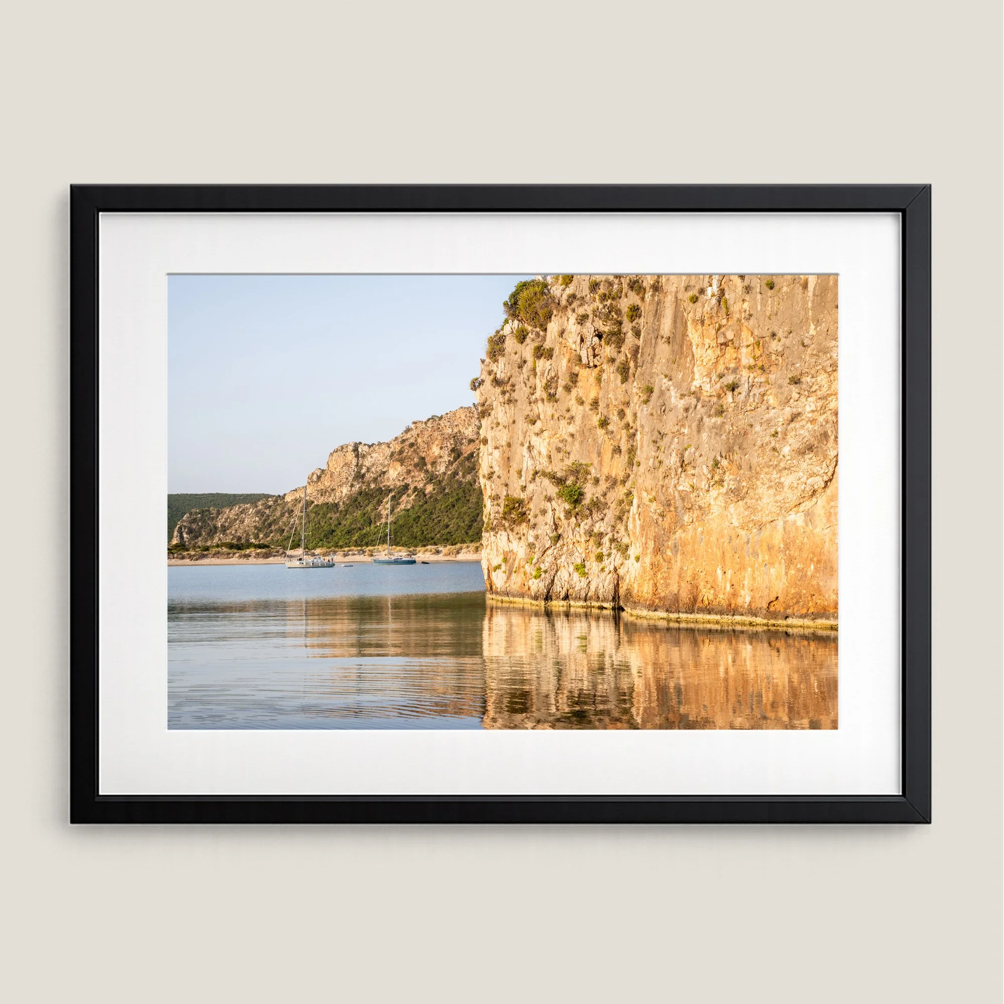 Framed coastal wall art of Voidokilia beach reflection in Messinia Greece
