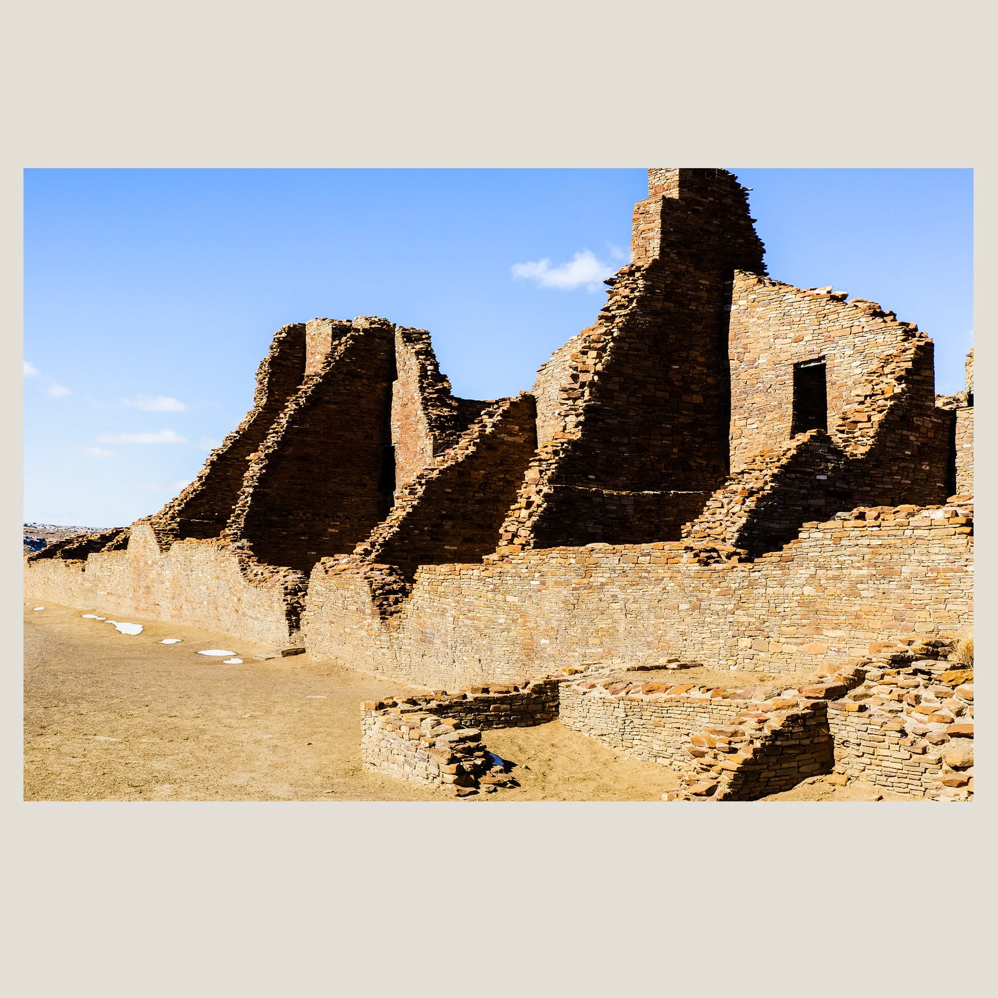 Detailed stone masonry and ancient structures of Chaco Canyon ruins in New Mexico.