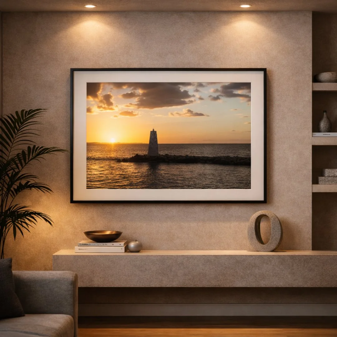 Harbor beacon wall art showcased above a sofa in a modern interior.