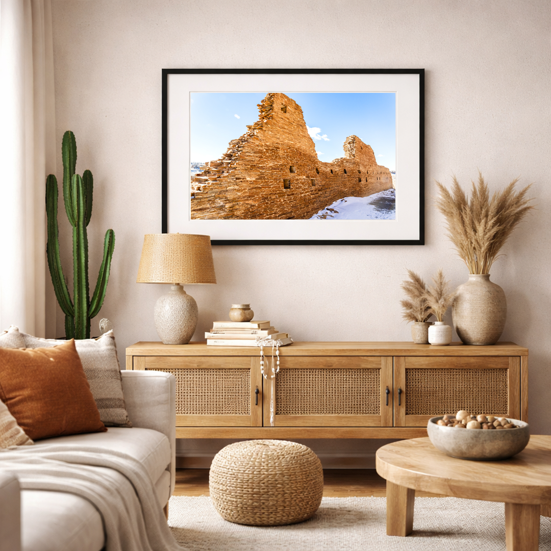 Chaco Canyon architecture fine art print displayed in a minimalist, desert-inspired interior.