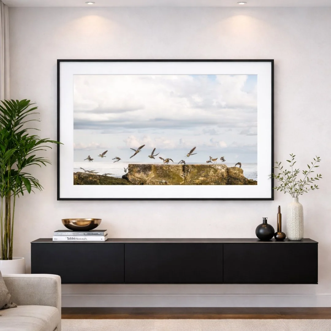 Framed Marbled Godwits print displayed in a coastal-inspired living room.
