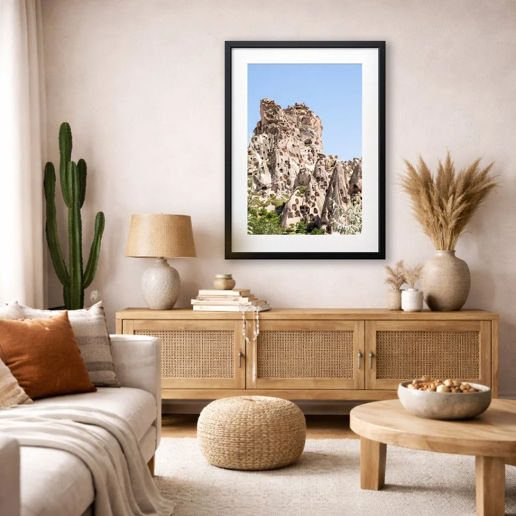 Uchisar Cappadocia rock dwellings wall art displayed in warm minimalist living room