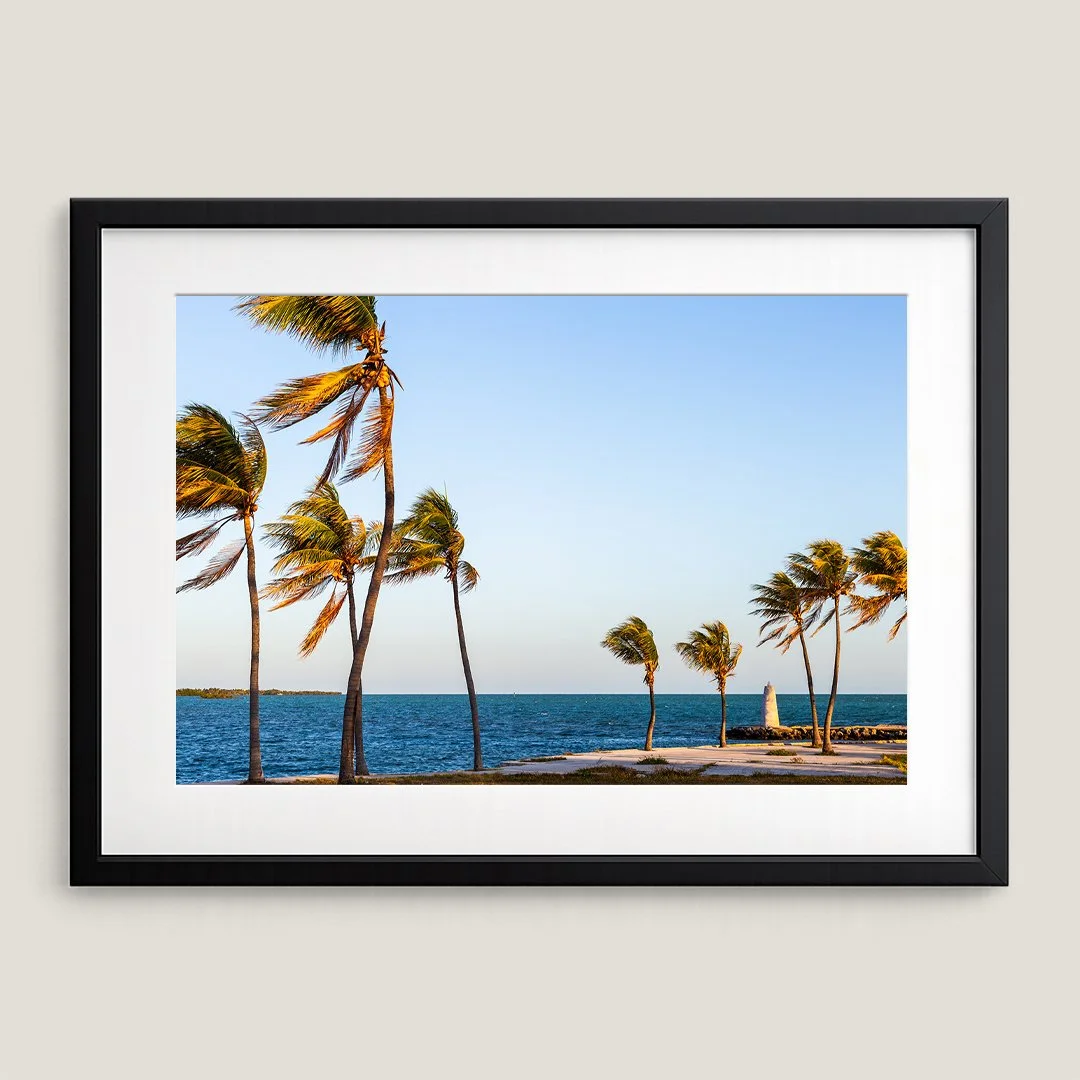 Florida Keys coastal wall art displayed in modern black frame.