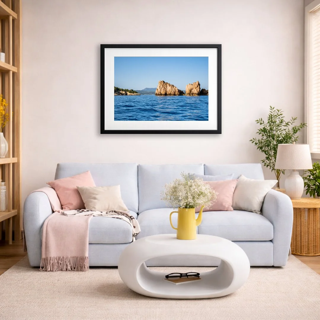Navarino sea stacks ocean wall art displayed in coastal style living room mockup