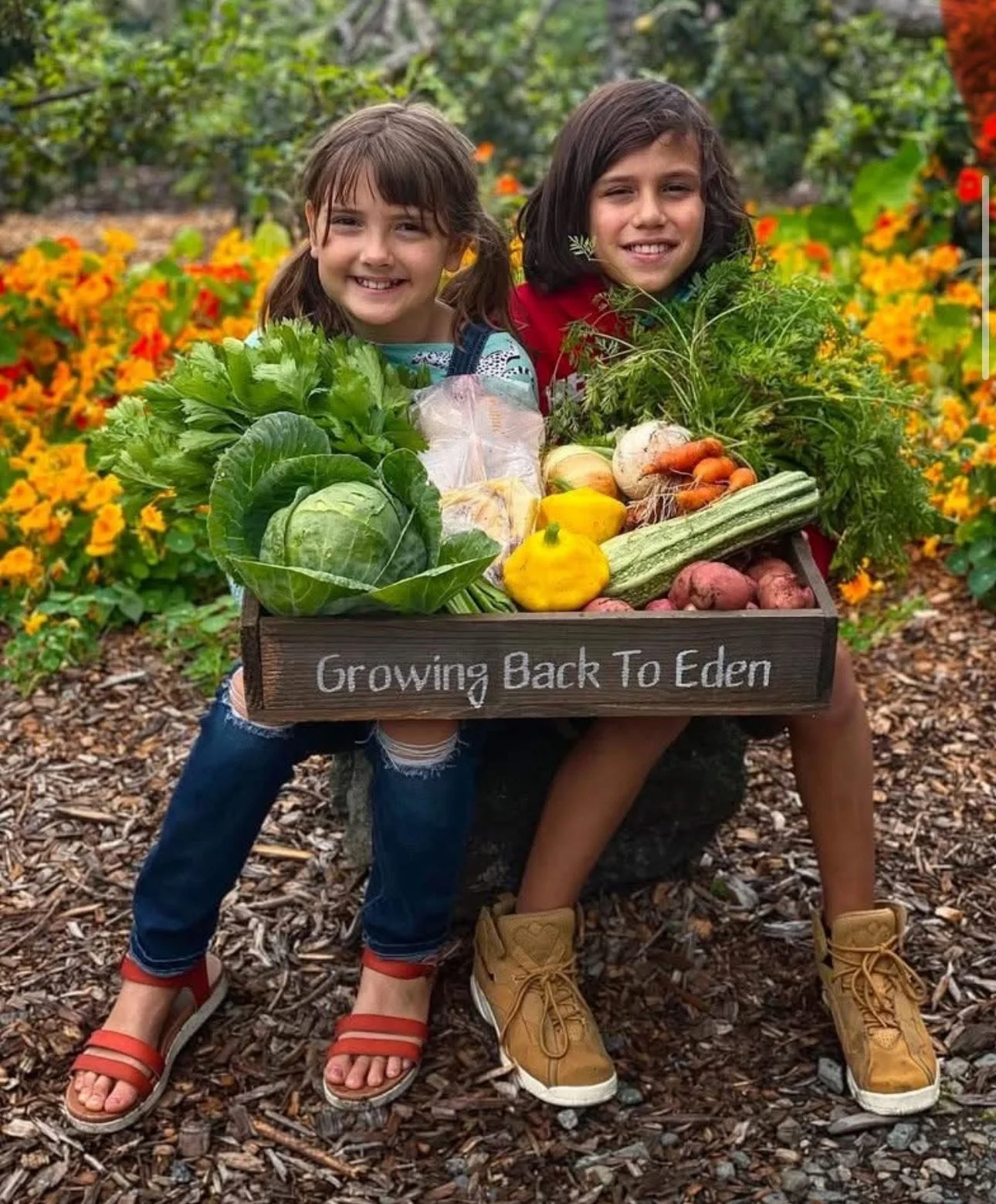 Two children sitting outdoors holding a wooden box filled with fresh vegetables, with a background of orange flowers and green foliage. The box has the phrase 'Growing Back To Eden' written on it.