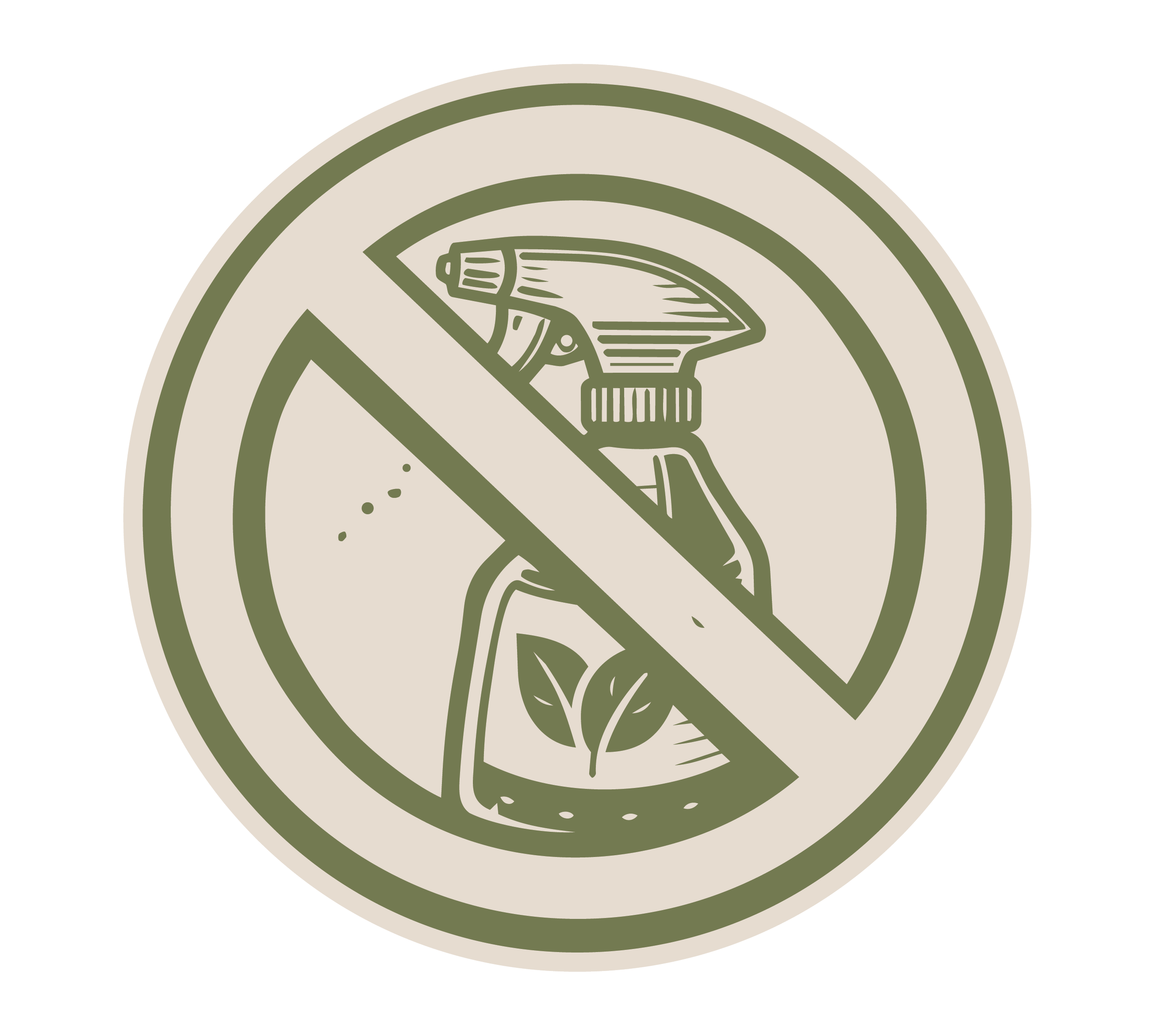 A circular sign with a green border and background, featuring a spray bottle and a cleaning spray, both crossed out with a diagonal line, indicating no cleaning chemicals allowed.