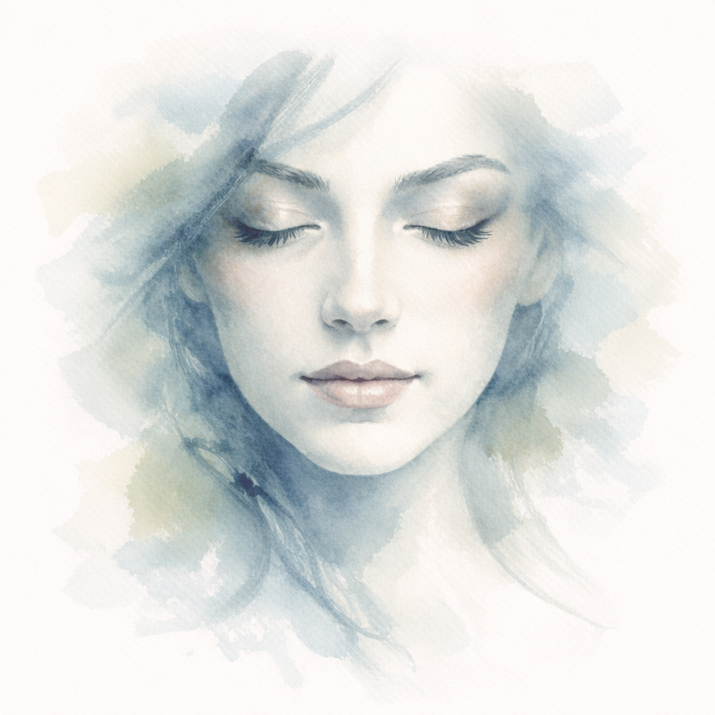 Ritratto di una donna con gli occhi chiusi, realizzato in stile acquerello.