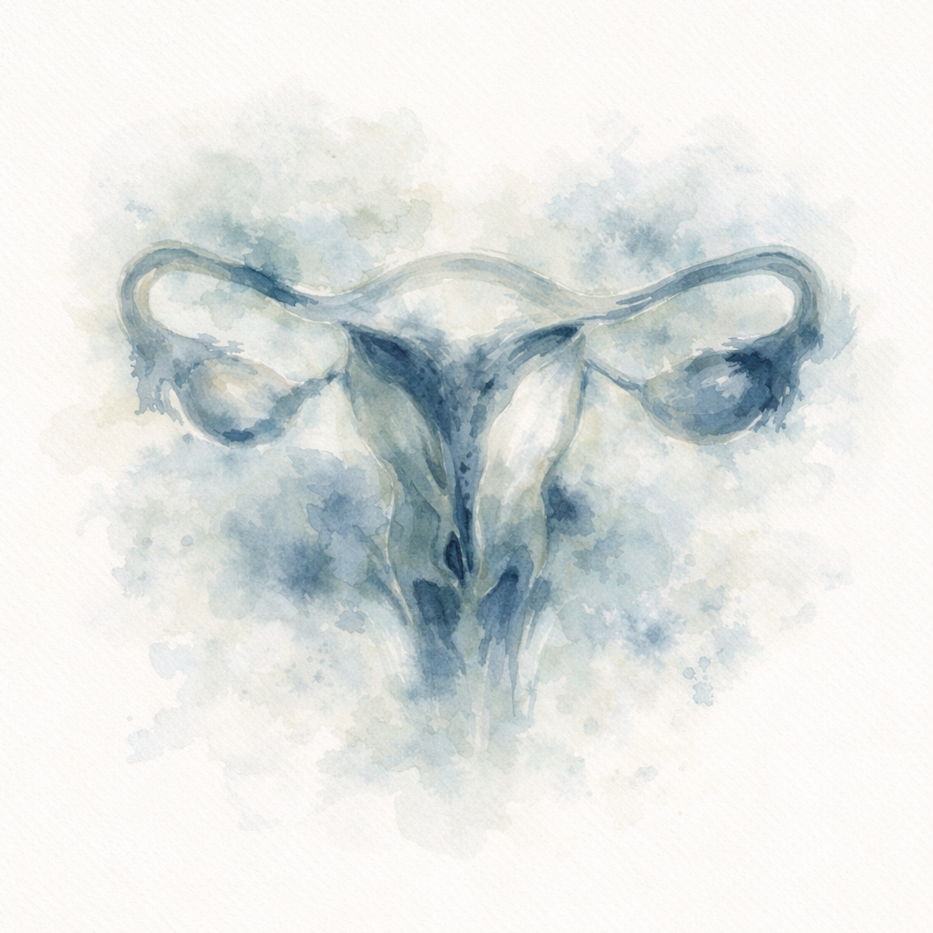 Illustrazione di un quadro di un apparato femminile in stile acquerello con toni blu e grigi.