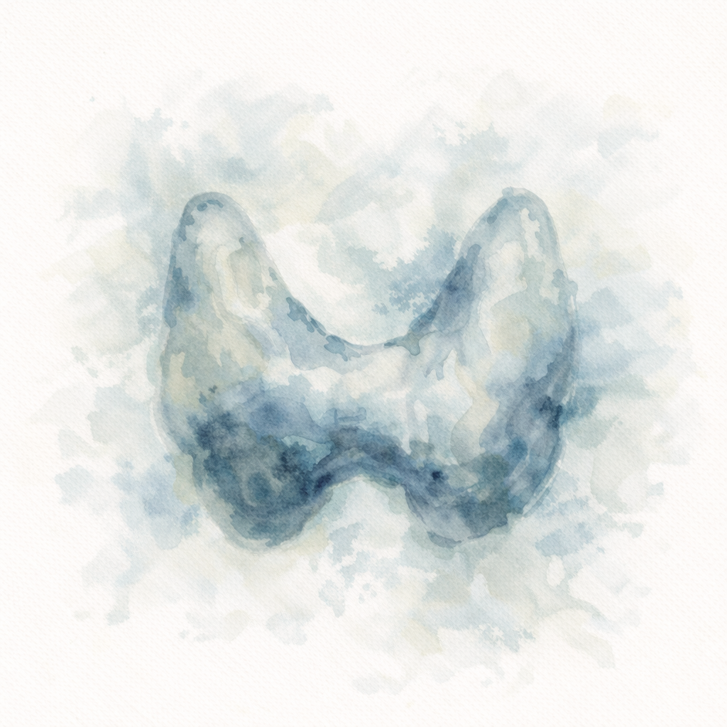 Immagine artistica stilizzata di una tiroide in stile acquerello con sfondo sfumato.