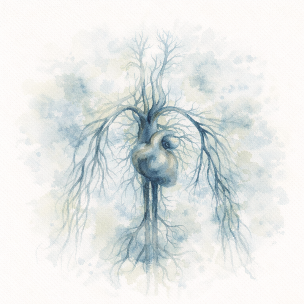 Watercolor artwork di un cuore umano con sistema vascolare