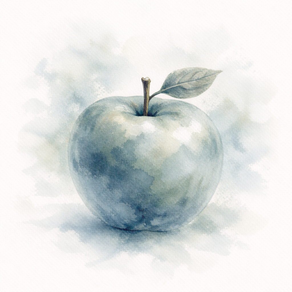 Mela di colore bluastro con una foglia attaccata allo stelo, rappresentata in stile acquerello.