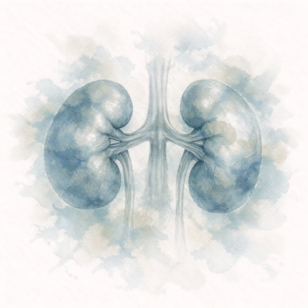 Rappresentazione artistica dei reni umani con le vie urinarie.
