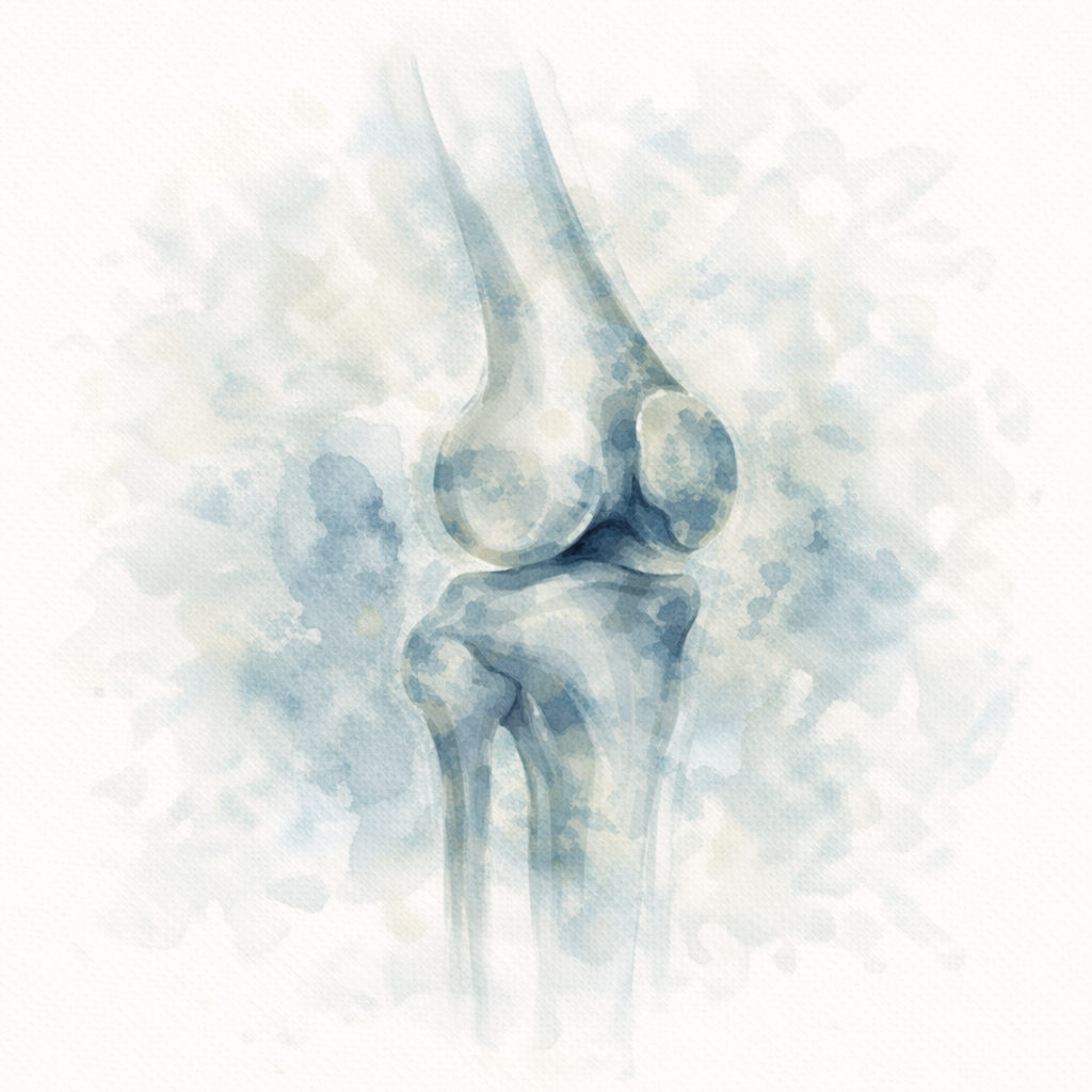Rettangolo watercolor di un ginocchio umano con ossa e articolazioni visibili.
