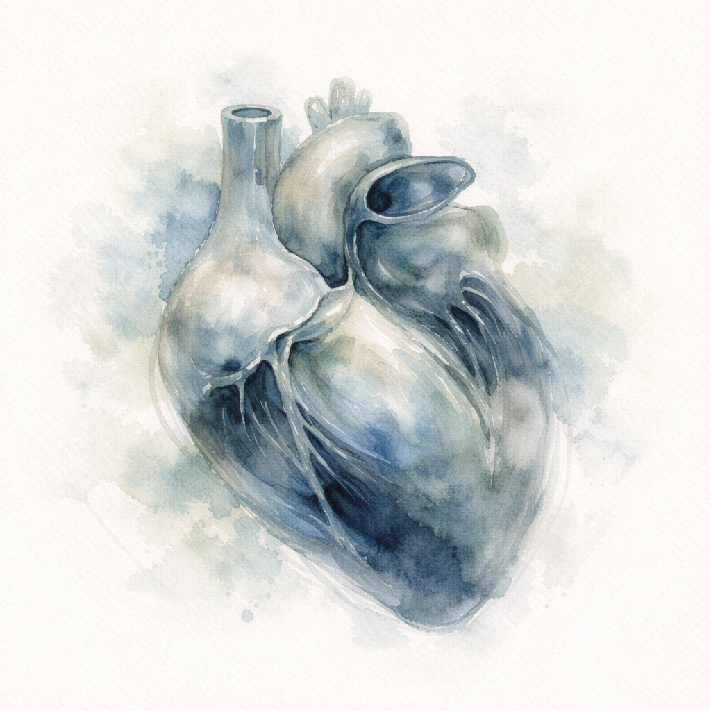 Dipinto digitale di un cuore umano in stile acquerello con tonalità blu e grigie.
