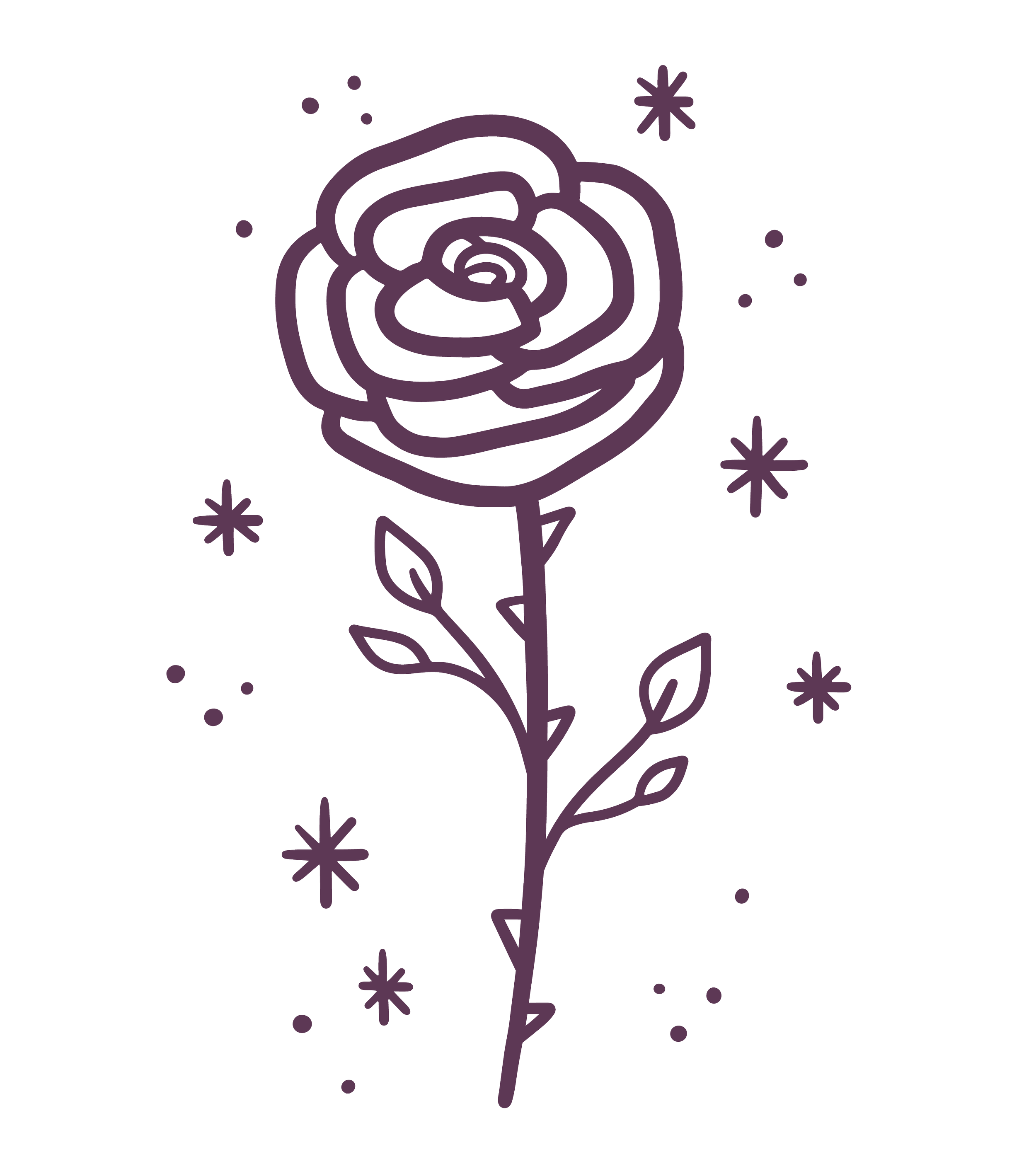 Outline drawing of a rose with leaves and a long stem, surrounded by small decorative stars and dots.