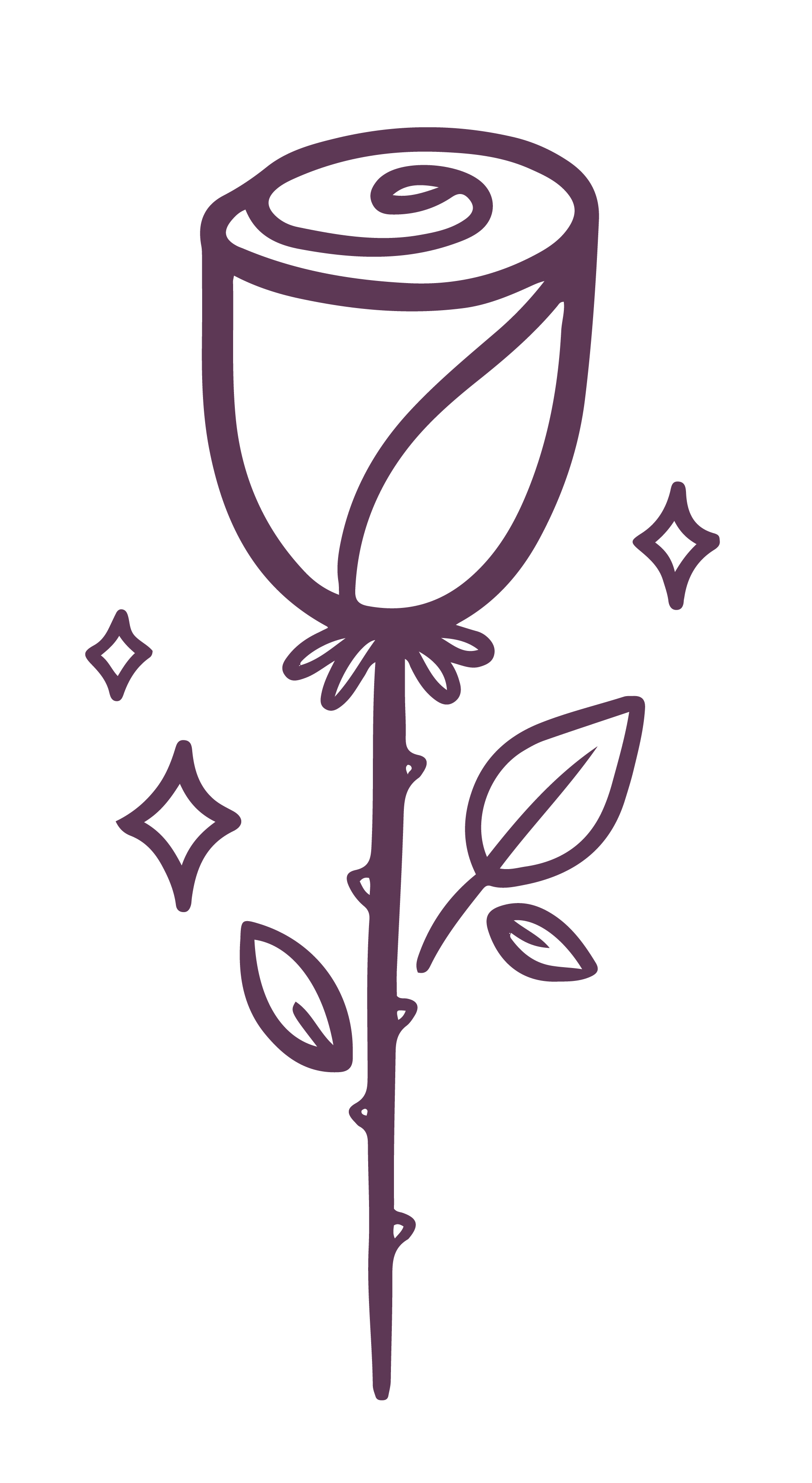 A minimalist purple line drawing of a rose on a black background.