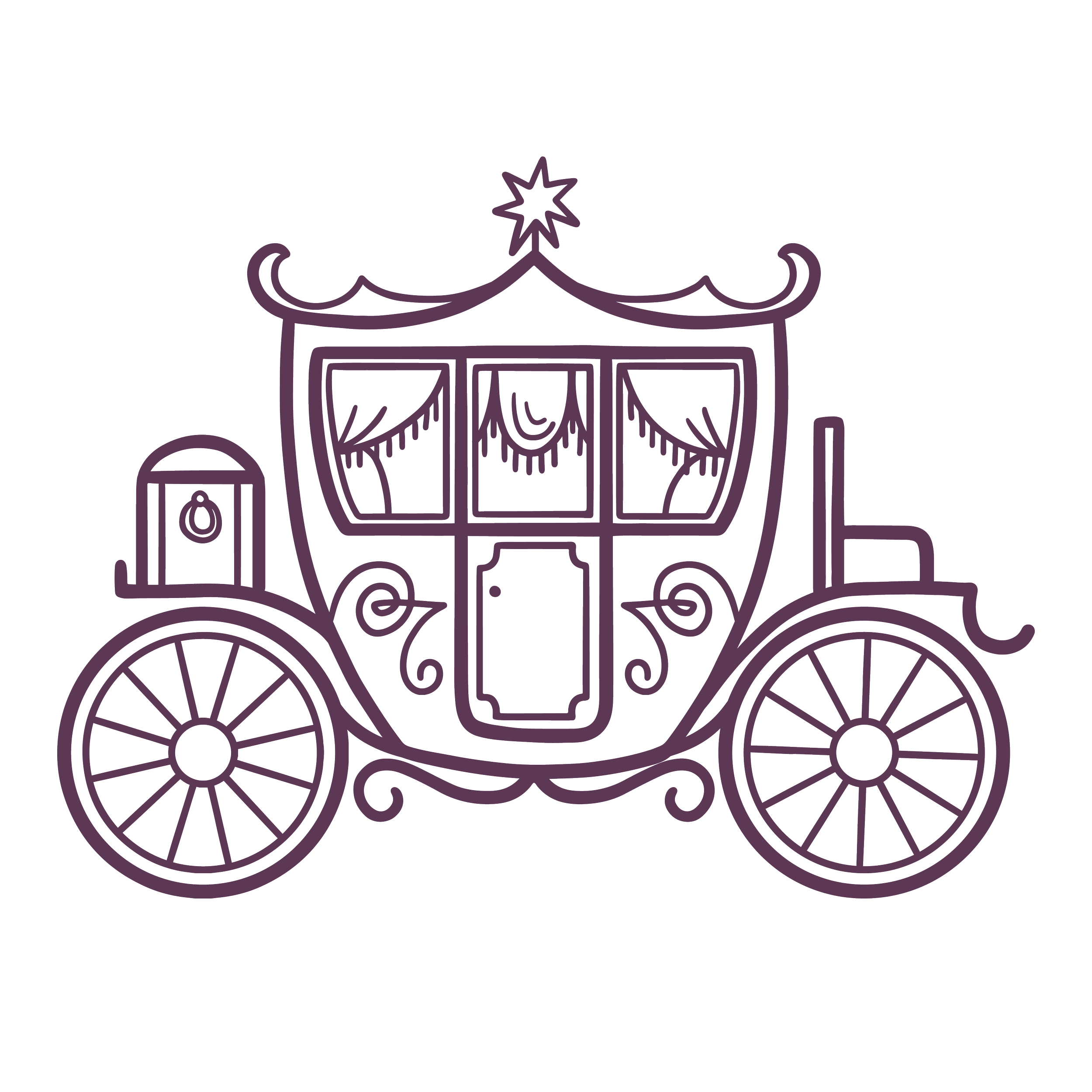 Line drawing of a vintage circus or fairground horse-drawn carriage with decorative elements, windows with curtains, and large spoked wheels.