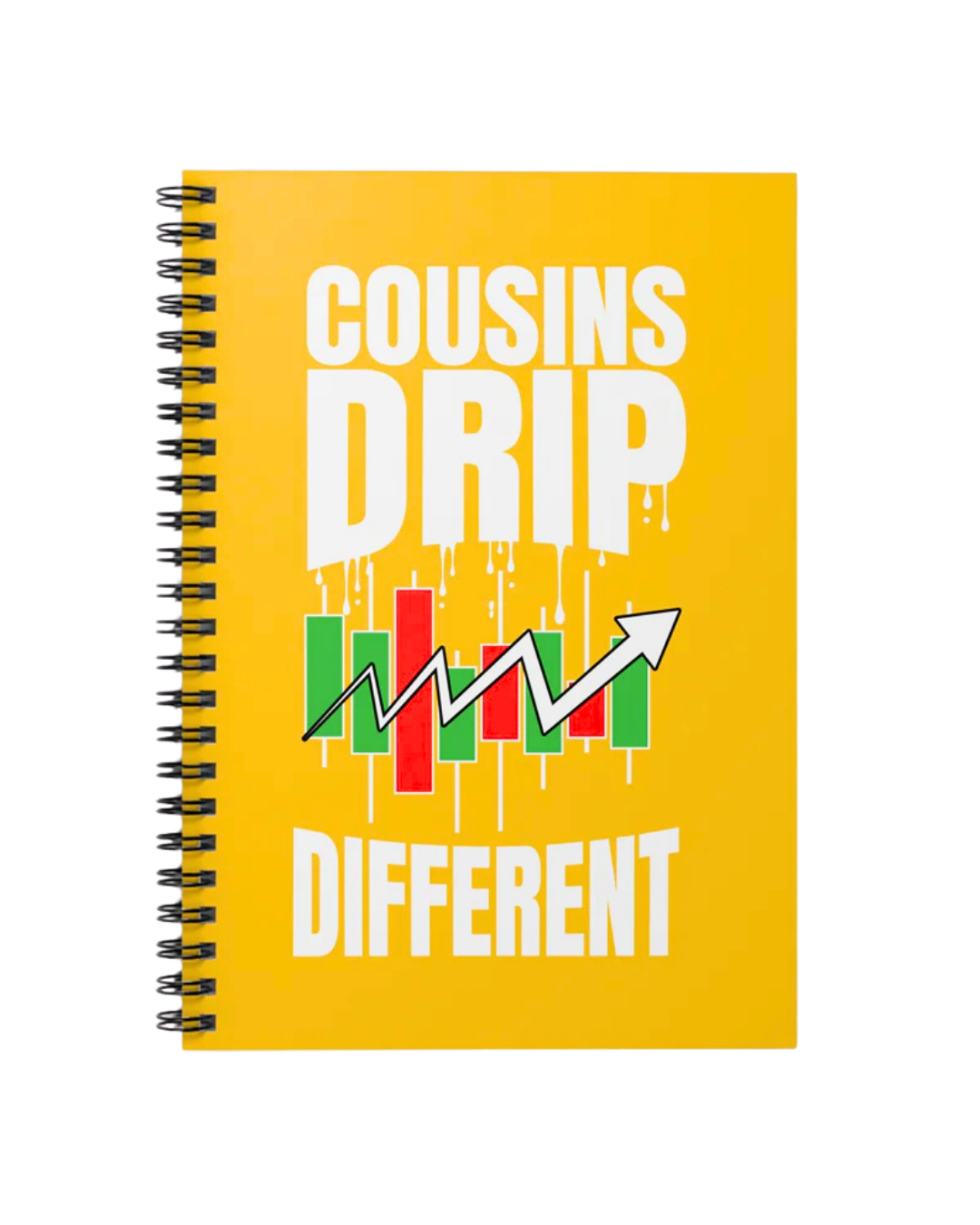 A yellow notebook cover with the title 'Cousins Drip Different' in large white letters, featuring colorful stock market candlestick chart and an upward trending arrow in black and white.