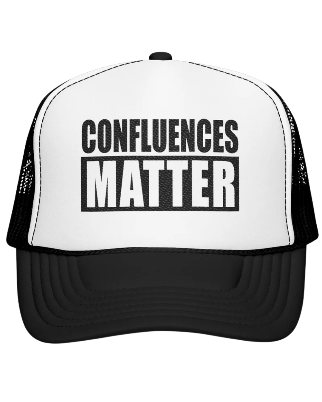 Black and white trucker hat with the phrase 'Confluences Matter' printed on the front panel.