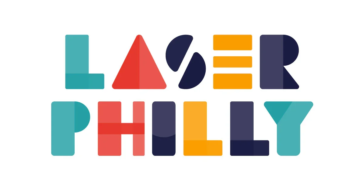 Colorful text spelling 'LAYER PHILLY' with each letter made from geometric shapes in various colors.