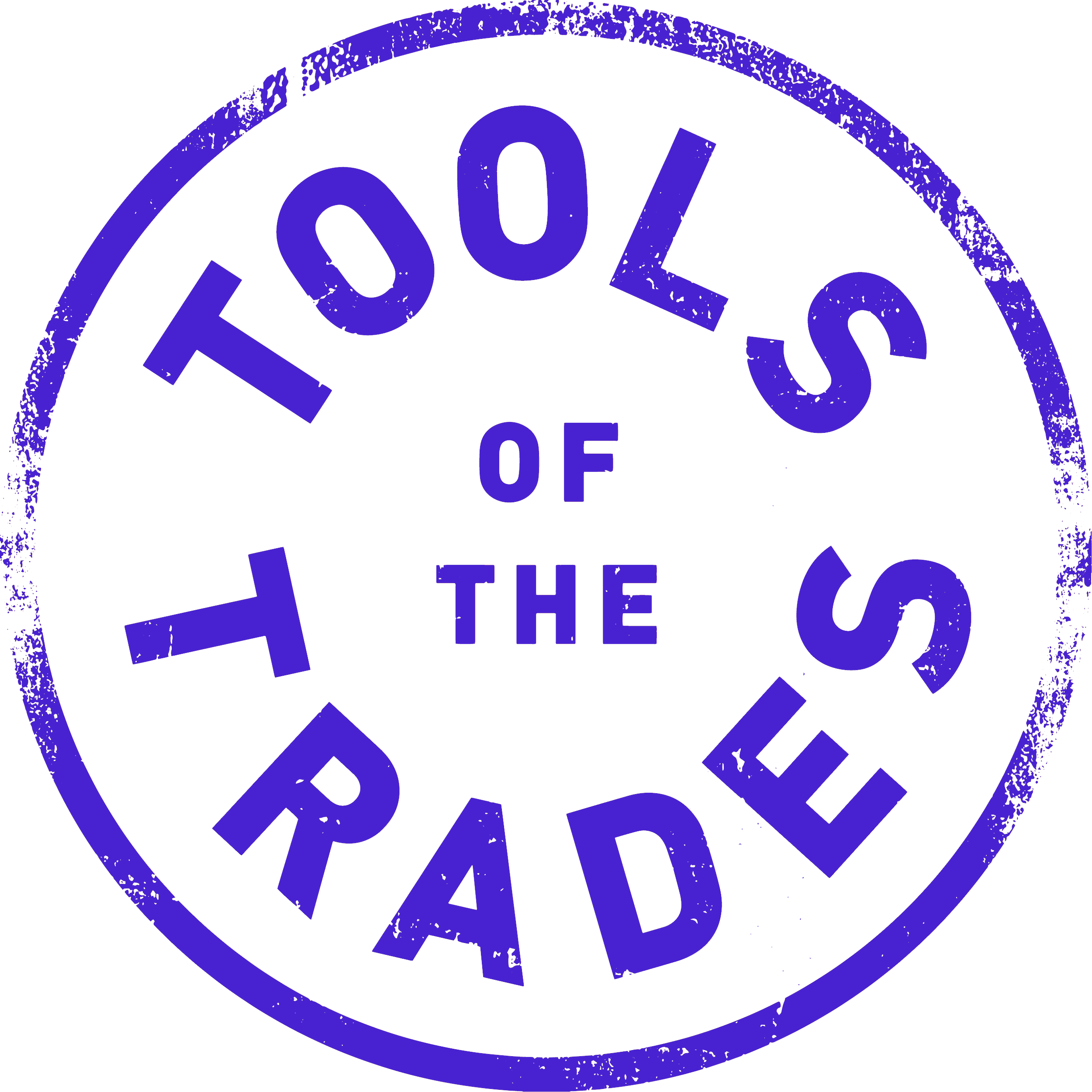 A blue circular stamp-like graphic with the words 'Tools of the Trade' arranged around the center.