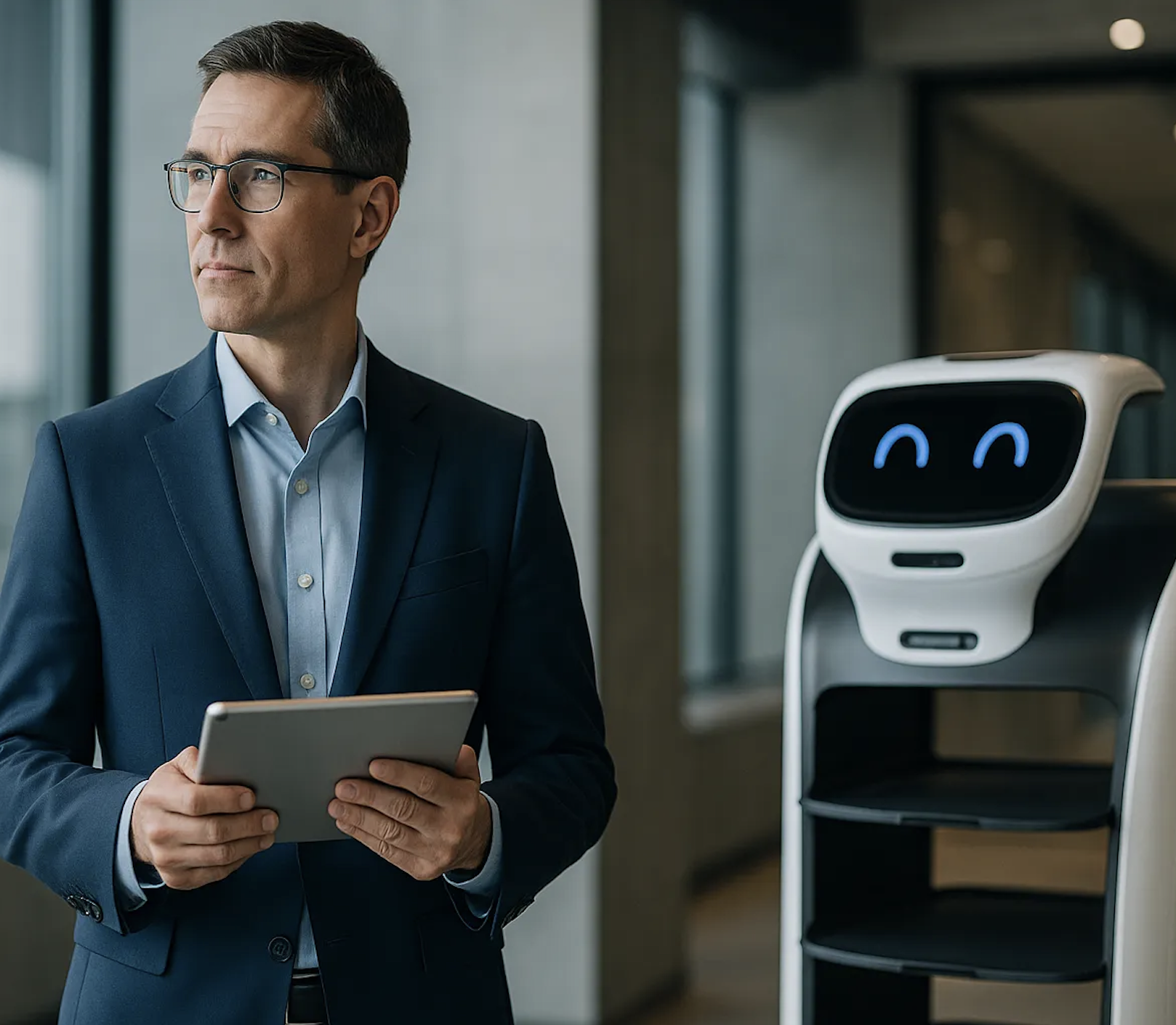 Un homme interagissant avec un robot de livraison dans des bureaux.