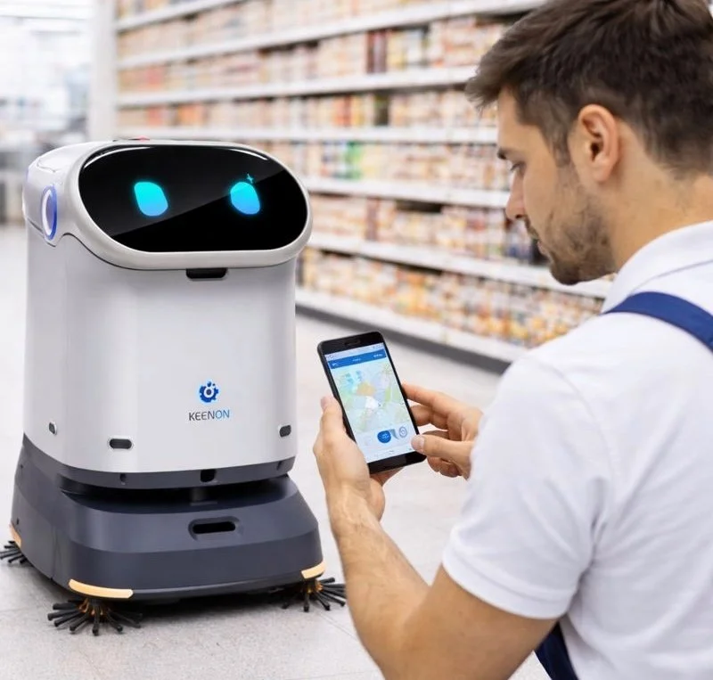 Un technicien contrôle un robot de nettoyage C40 de Keenon dans une allée de supermarché. C'est une opération de support technique, de programmation ou de maintenance.