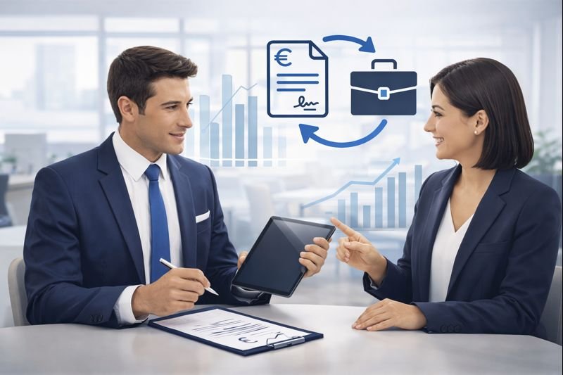 Deux décideurs discutant de solution de financement, comme le leasing, pour l'acquisition de robots de service professionnels dans leur entreprise.