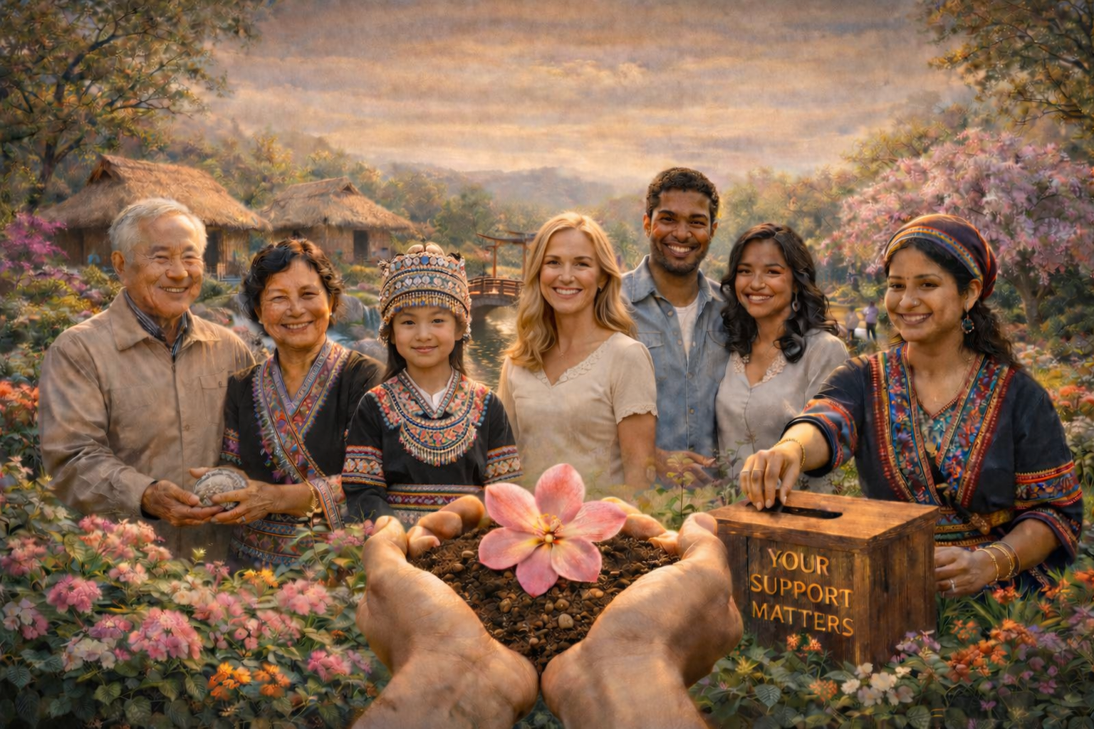 Group of diverse people standing outdoors among flowers, with hands holding a pile of soil and a pink flower, and a box with the words 'Your Support Matters.