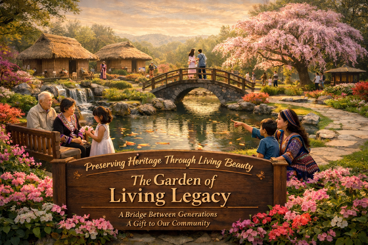 A colorful garden with a pond, a stone bridge, and traditional houses in the background during sunset. People of various ages are enjoying the scenery, talking, and taking photos among blooming flowers and trees.