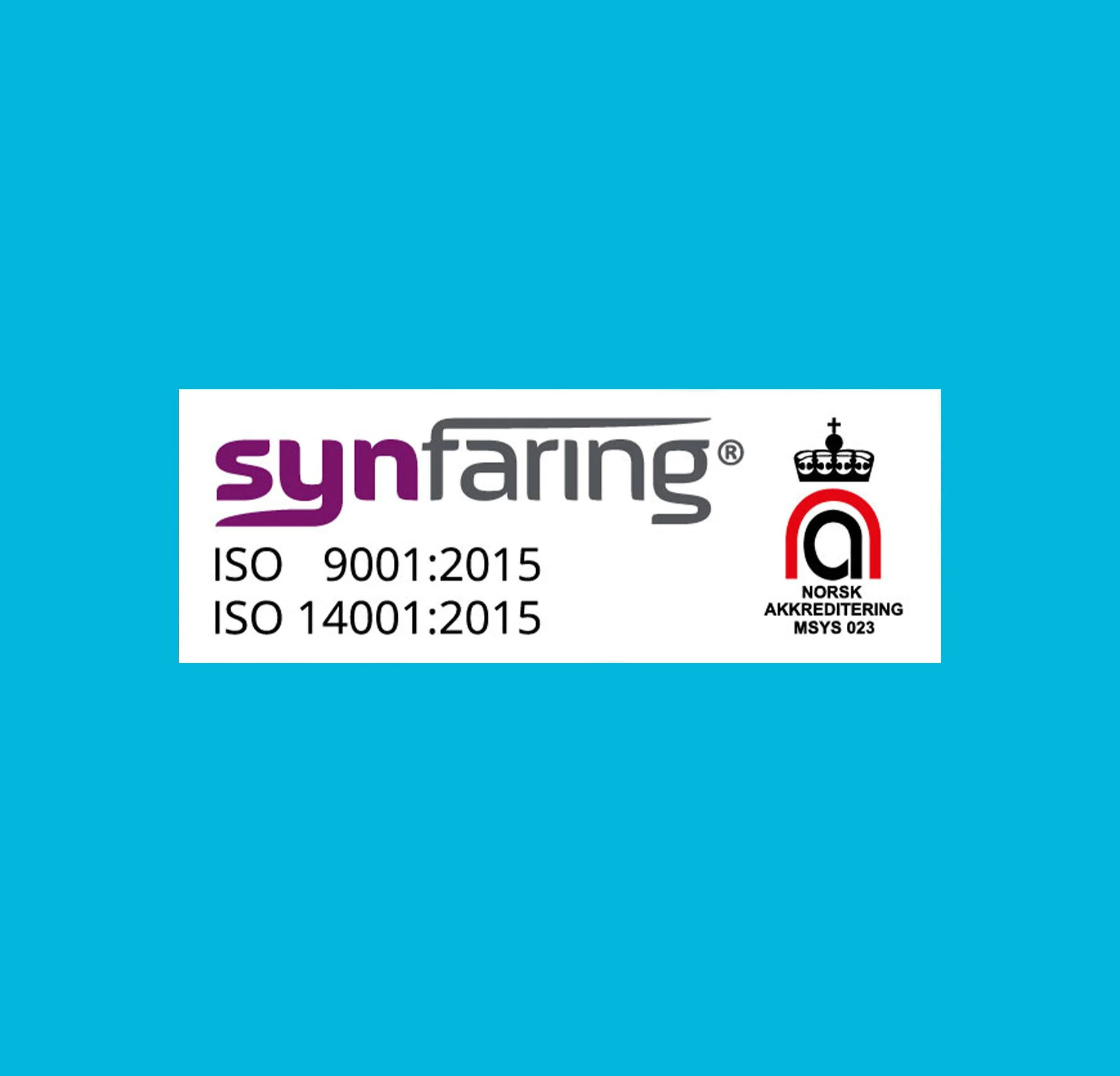 Produktmerke for sypåfarge med ISO 9001:2015 og ISO 14001:2015 sertifisering, inkludert norsk autorisasjonsmerke.