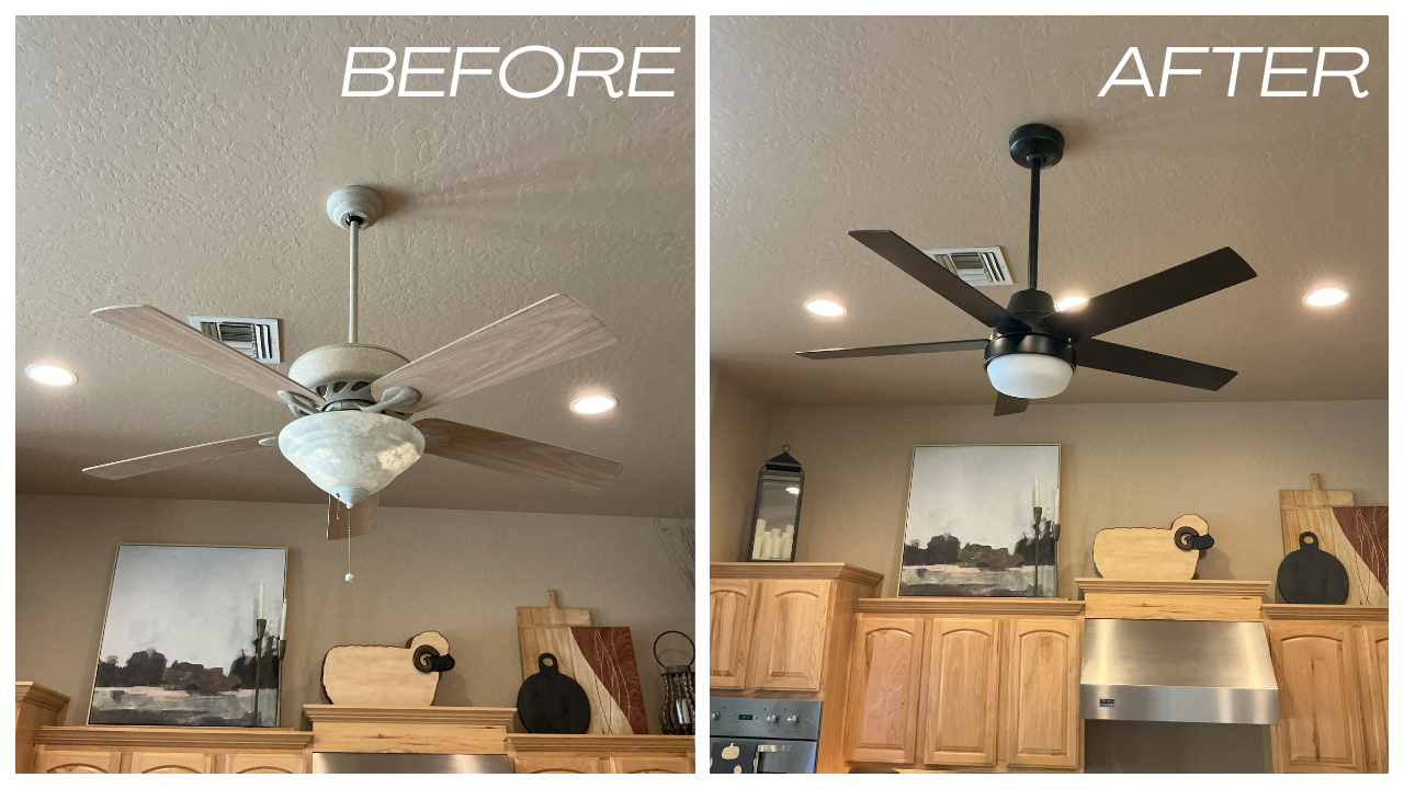 Comparison of ceiling fans in kitchen: the before image shows an old, white ceiling fan with wooden blades, and the after image shows a modern black ceiling fan with sleek black blades and a light fixture.