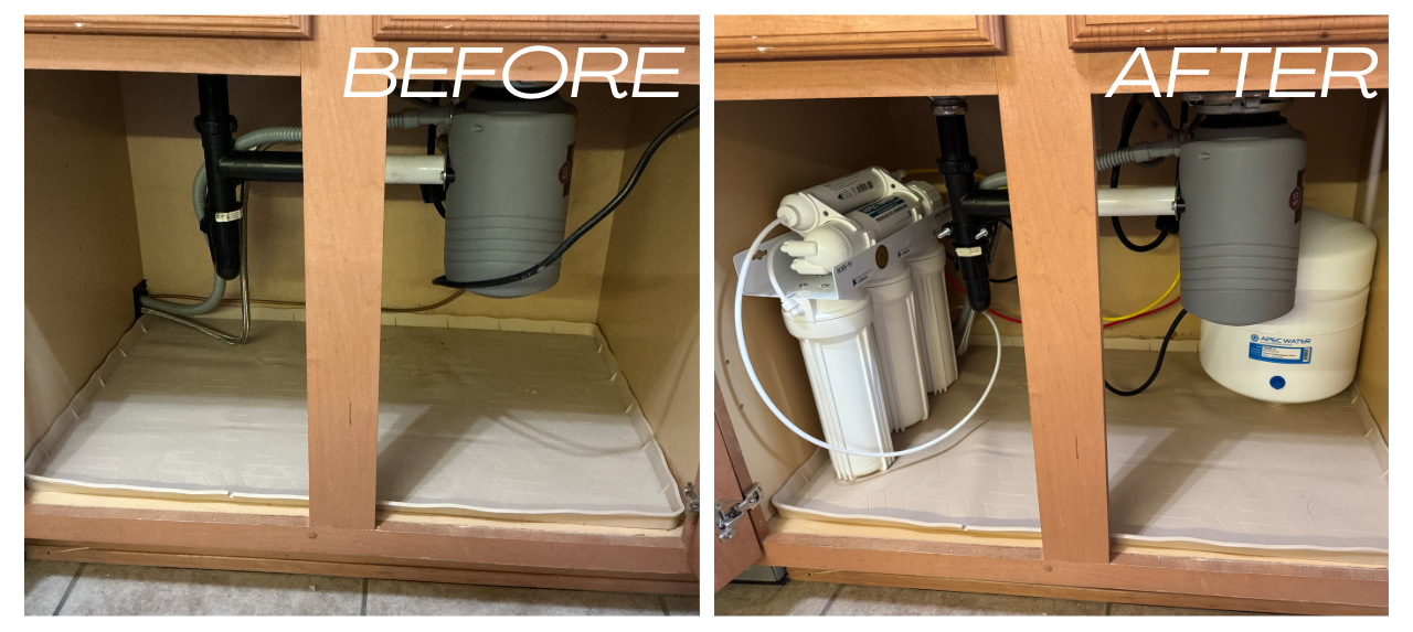 Comparison of a kitchen cabinet before and after installing a water filtration system. The "before" side shows an empty cabinet with plumbing pipes. The "after" side shows a water filtration system installed, including a reverse osmosis system with a white tank and filters.