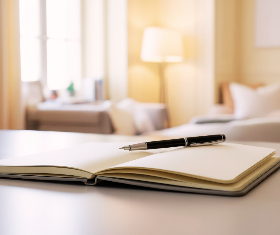 Open notebook with a pen on a desk in a calm, well-lit room.