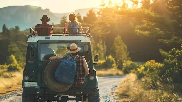 Group of people on a jeep driving through a scenic, sunny landscape with trees and hills.