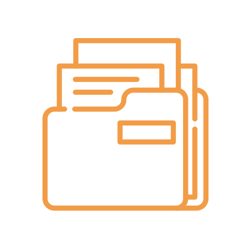 Orange outline of a folder with papers on a white background