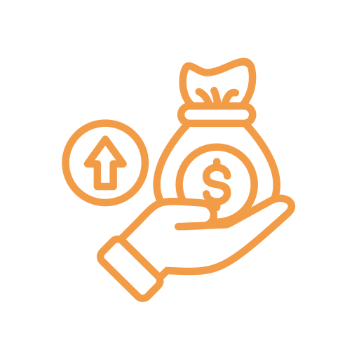 Hand holding a money bag with an upward arrow icon